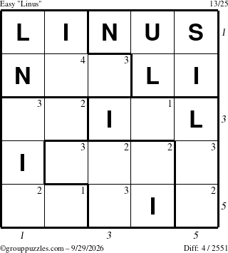 The grouppuzzles.com Easy Linus puzzle for Tuesday September 29, 2026, suitable for printing, with all 4 steps marked