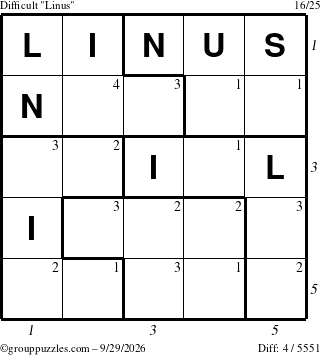 The grouppuzzles.com Difficult Linus puzzle for Tuesday September 29, 2026, suitable for printing, with all 4 steps marked