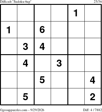 The grouppuzzles.com Difficult Sudoku-6up puzzle for Tuesday September 29, 2026