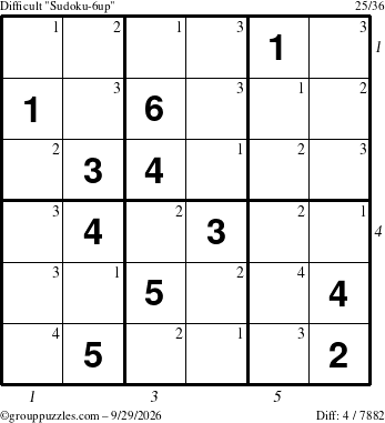 The grouppuzzles.com Difficult Sudoku-6up puzzle for Tuesday September 29, 2026, suitable for printing, with all 4 steps marked