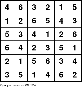 The grouppuzzles.com Answer grid for the Sudoku-6up puzzle for Tuesday September 29, 2026
