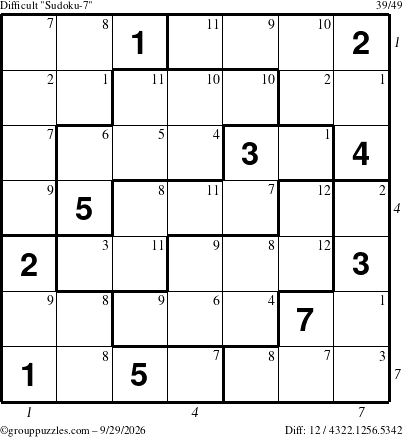 The grouppuzzles.com Difficult Sudoku-7 puzzle for Tuesday September 29, 2026, suitable for printing, with all 12 steps marked