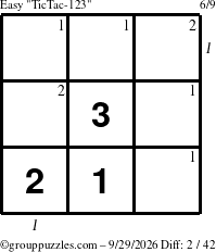 The grouppuzzles.com Easy TicTac-123 puzzle for Tuesday September 29, 2026 with all 2 steps marked