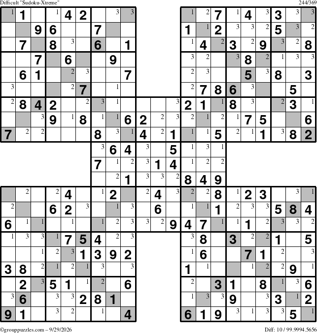 The grouppuzzles.com Difficult Sudoku-Xtreme puzzle for Tuesday September 29, 2026 with the first 3 steps marked