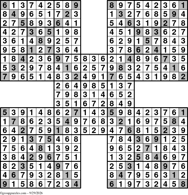 The grouppuzzles.com Answer grid for the Sudoku-Xtreme puzzle for Tuesday September 29, 2026