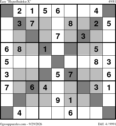 The grouppuzzles.com Easy HyperSudoku-X puzzle for Tuesday September 29, 2026