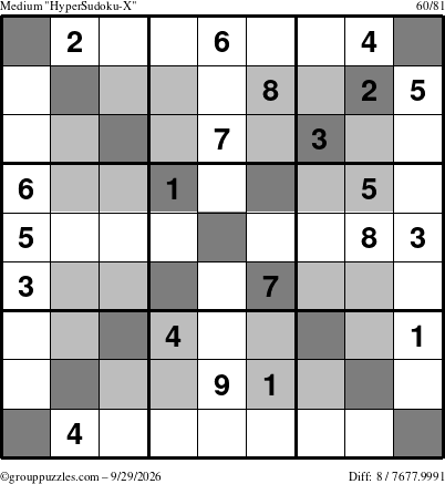 The grouppuzzles.com Medium HyperSudoku-X puzzle for Tuesday September 29, 2026