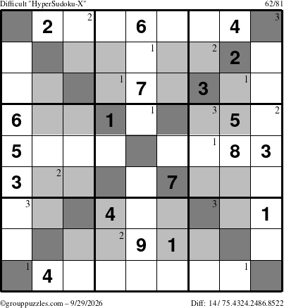 The grouppuzzles.com Difficult HyperSudoku-X puzzle for Tuesday September 29, 2026 with the first 3 steps marked