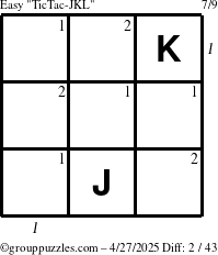 The grouppuzzles.com Easy TicTac-JKL puzzle for Sunday April 27, 2025, suitable for printing, with all 2 steps marked