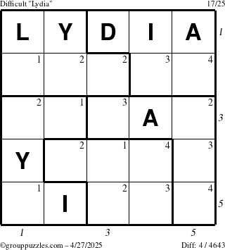 The grouppuzzles.com Difficult Lydia puzzle for Sunday April 27, 2025 with all 4 steps marked