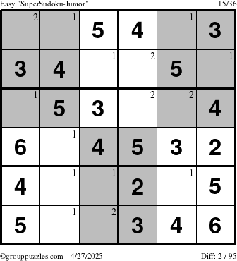 The grouppuzzles.com Easy SuperSudoku-Junior puzzle for Sunday April 27, 2025 with the first 2 steps marked
