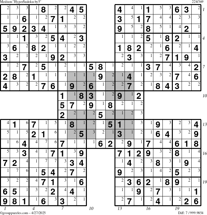 The grouppuzzles.com Medium HyperSudoku-by5 puzzle for Sunday April 27, 2025, suitable for printing, with all 7 steps marked