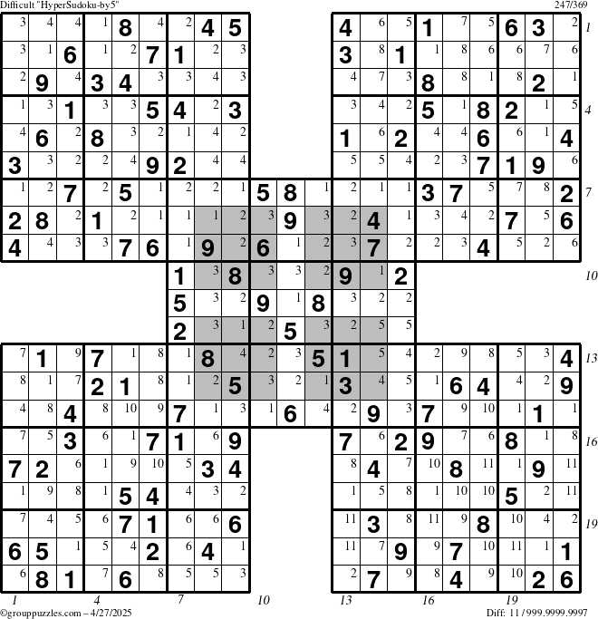 The grouppuzzles.com Difficult HyperSudoku-by5 puzzle for Sunday April 27, 2025 with all 11 steps marked