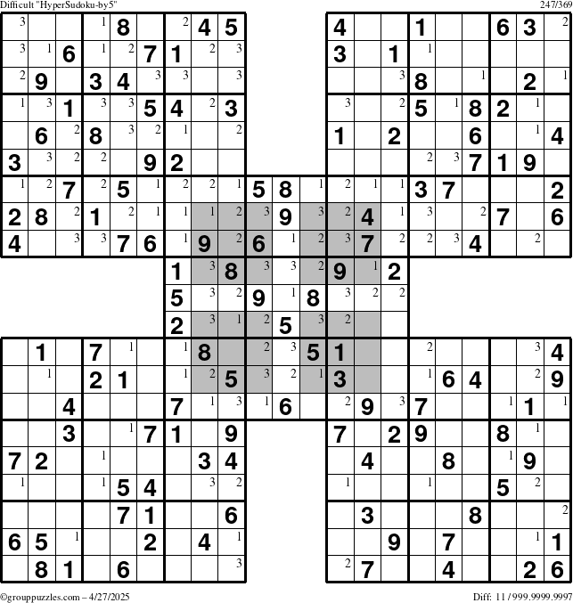 The grouppuzzles.com Difficult HyperSudoku-by5 puzzle for Sunday April 27, 2025 with the first 3 steps marked