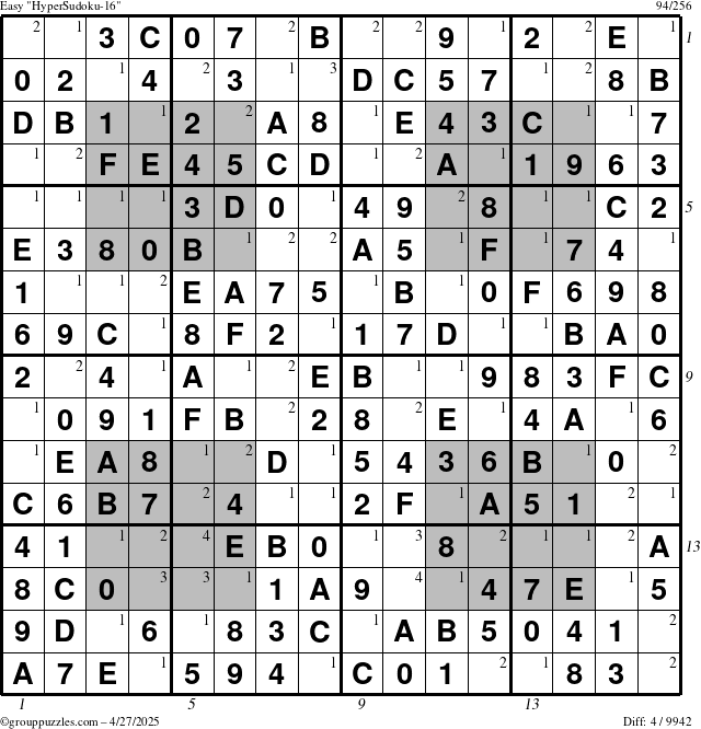 The grouppuzzles.com Easy HyperSudoku-16 puzzle for Sunday April 27, 2025 with all 4 steps marked