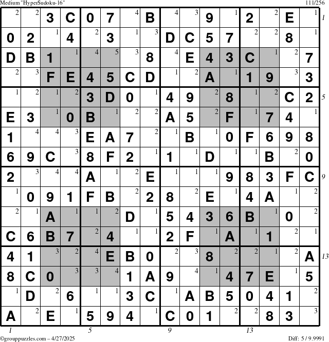 The grouppuzzles.com Medium HyperSudoku-16 puzzle for Sunday April 27, 2025, suitable for printing, with all 5 steps marked