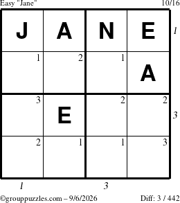 The grouppuzzles.com Easy Jane puzzle for Sunday September 6, 2026 with all 3 steps marked