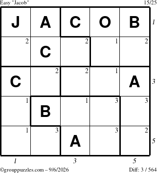 The grouppuzzles.com Easy Jacob puzzle for Sunday September 6, 2026, suitable for printing, with all 3 steps marked