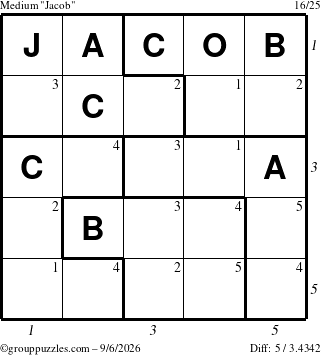 The grouppuzzles.com Medium Jacob puzzle for Sunday September 6, 2026, suitable for printing, with all 5 steps marked