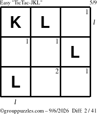 The grouppuzzles.com Easy TicTac-JKL puzzle for Sunday September 6, 2026, suitable for printing, with all 2 steps marked