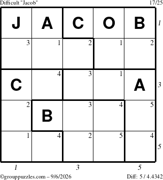The grouppuzzles.com Difficult Jacob puzzle for Sunday September 6, 2026 with all 5 steps marked