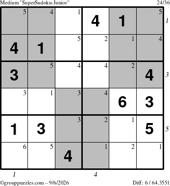 The grouppuzzles.com Medium SuperSudoku-Junior puzzle for Sunday September 6, 2026, suitable for printing, with all 6 steps marked