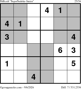 The grouppuzzles.com Difficult SuperSudoku-Junior puzzle for Sunday September 6, 2026