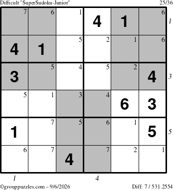 The grouppuzzles.com Difficult SuperSudoku-Junior puzzle for Sunday September 6, 2026 with all 7 steps marked