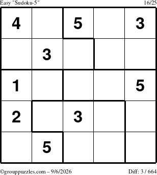 The grouppuzzles.com Easy Sudoku-5 puzzle for Sunday September 6, 2026