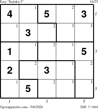 The grouppuzzles.com Easy Sudoku-5 puzzle for Sunday September 6, 2026 with all 3 steps marked