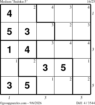 The grouppuzzles.com Medium Sudoku-5 puzzle for Sunday September 6, 2026, suitable for printing, with all 4 steps marked
