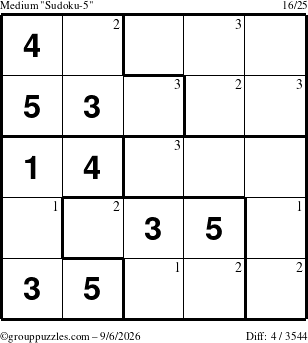 The grouppuzzles.com Medium Sudoku-5 puzzle for Sunday September 6, 2026 with the first 3 steps marked