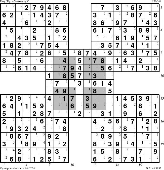 The grouppuzzles.com Easy HyperSudoku-by5 puzzle for Sunday September 6, 2026, suitable for printing, with all 4 steps marked