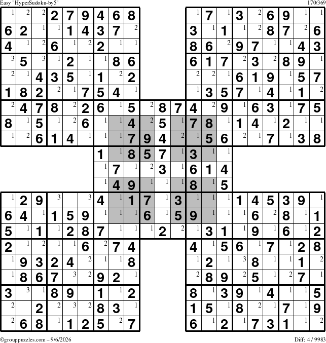 The grouppuzzles.com Easy HyperSudoku-by5 puzzle for Sunday September 6, 2026 with the first 3 steps marked