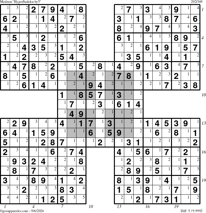 The grouppuzzles.com Medium HyperSudoku-by5 puzzle for Sunday September 6, 2026, suitable for printing, with all 5 steps marked