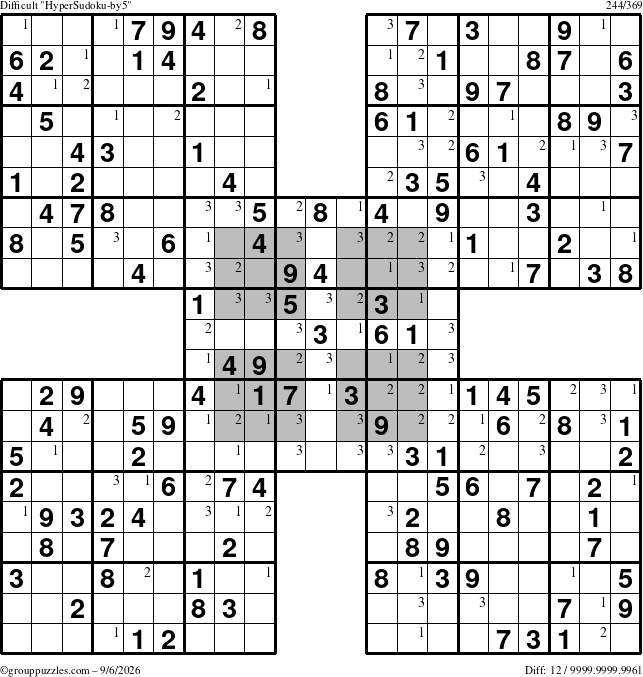 The grouppuzzles.com Difficult HyperSudoku-by5 puzzle for Sunday September 6, 2026 with the first 3 steps marked