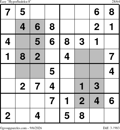 The grouppuzzles.com Easy HyperSudoku-8 puzzle for Sunday September 6, 2026