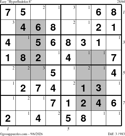 The grouppuzzles.com Easy HyperSudoku-8 puzzle for Sunday September 6, 2026, suitable for printing, with all 3 steps marked