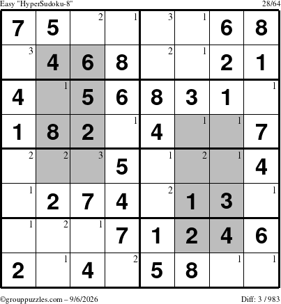The grouppuzzles.com Easy HyperSudoku-8 puzzle for Sunday September 6, 2026 with the first 3 steps marked