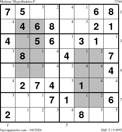 The grouppuzzles.com Medium HyperSudoku-8 puzzle for Sunday September 6, 2026 with all 5 steps marked
