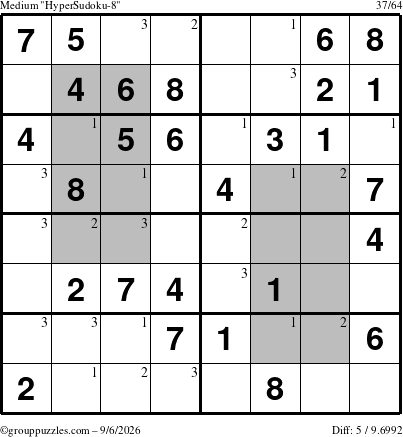 The grouppuzzles.com Medium HyperSudoku-8 puzzle for Sunday September 6, 2026 with the first 3 steps marked