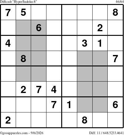 The grouppuzzles.com Difficult HyperSudoku-8 puzzle for Sunday September 6, 2026