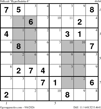 The grouppuzzles.com Difficult HyperSudoku-8 puzzle for Sunday September 6, 2026 with all 11 steps marked