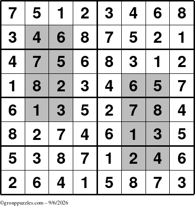 The grouppuzzles.com Answer grid for the HyperSudoku-8 puzzle for Sunday September 6, 2026