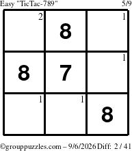 The grouppuzzles.com Easy TicTac-789 puzzle for Sunday September 6, 2026 with the first 2 steps marked