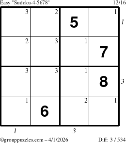 The grouppuzzles.com Easy Sudoku-4-5678 puzzle for Wednesday April 1, 2026 with all 3 steps marked
