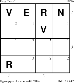 The grouppuzzles.com Easy Vern puzzle for Wednesday April 1, 2026, suitable for printing, with all 3 steps marked