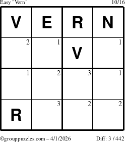The grouppuzzles.com Easy Vern puzzle for Wednesday April 1, 2026 with the first 3 steps marked