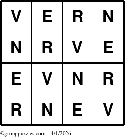 The grouppuzzles.com Answer grid for the Vern puzzle for Wednesday April 1, 2026
