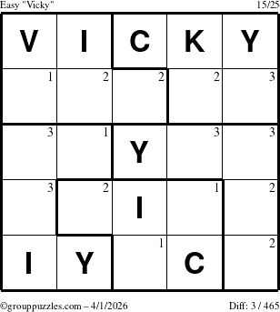 The grouppuzzles.com Easy Vicky puzzle for Wednesday April 1, 2026 with the first 3 steps marked